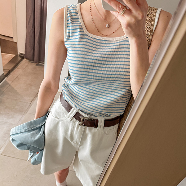 Sky horizontal striped 양면 Span Sleeveless shirts
