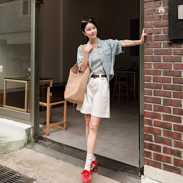 뮤즈 Short-sleeve 스냅 Denim Shirt