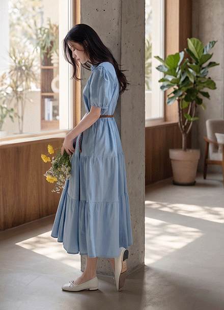 Belt Shirring Short-sleeve Dress Korea