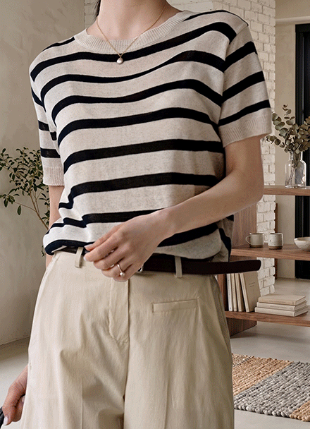 Soba Linen horizontal striped Short-sleeve Knitwear Korea
