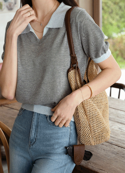 Collar Color Matching layered Short-sleeve Knitwear Korea