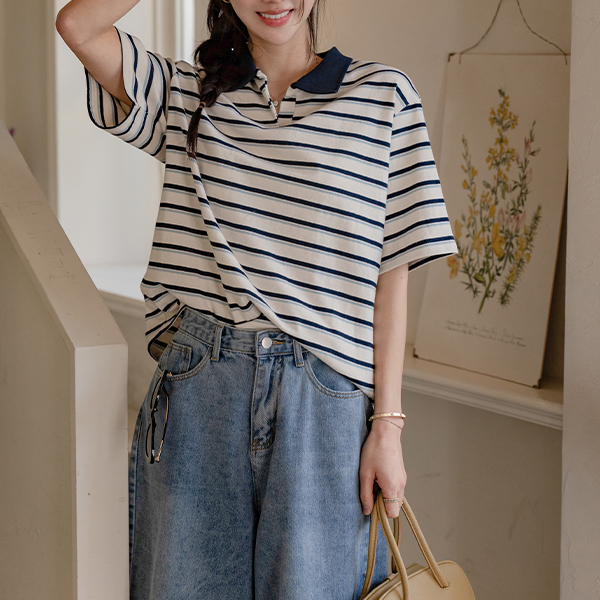 오버 horizontal striped Collar Short-sleeve T-shirt