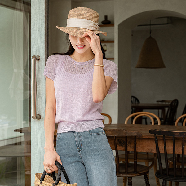 Corrugated 부클 레글런 Short-sleeve Knitwear