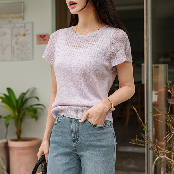 Corrugated 부클 레글런 Short-sleeve Knitwear