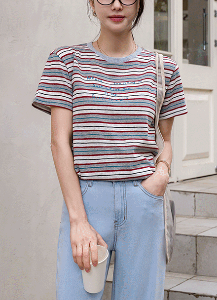 Color Matching horizontal striped 후로피 Short-sleeve T-shirt Korea