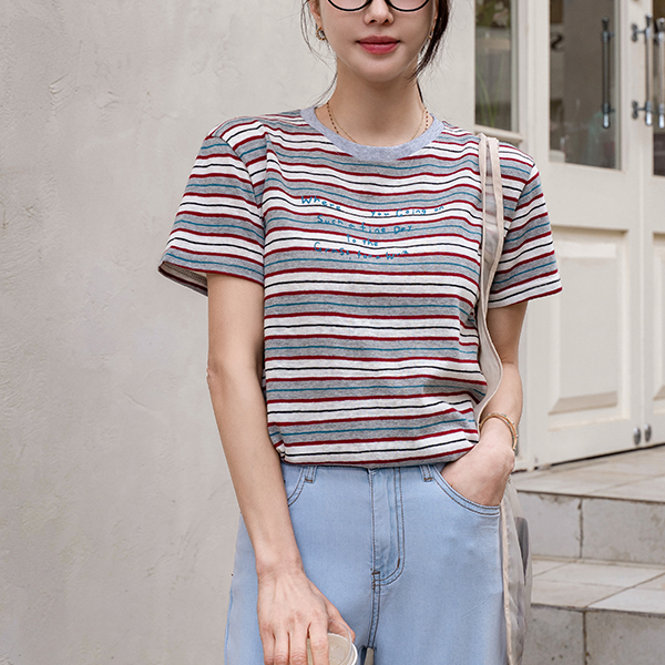 Color Matching horizontal striped 후로피 Short-sleeve T-shirt