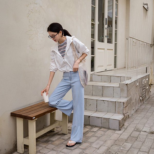 Color Matching horizontal striped 후로피 Short-sleeve T-shirt