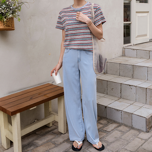 Color Matching horizontal striped 후로피 Short-sleeve T-shirt