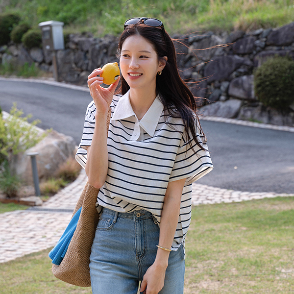 [valyou] Stripe 텐셀 Collar T-shirt
