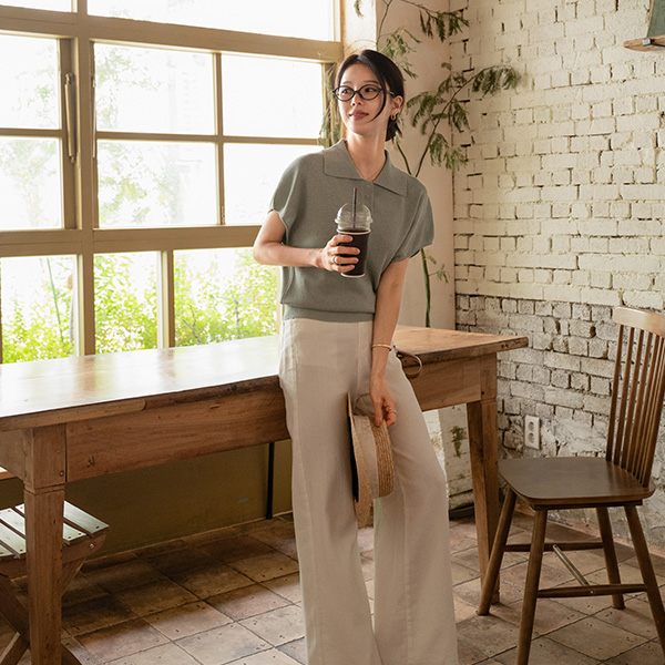 door 비스코스 Linen Collar Short-sleeve Knitwear