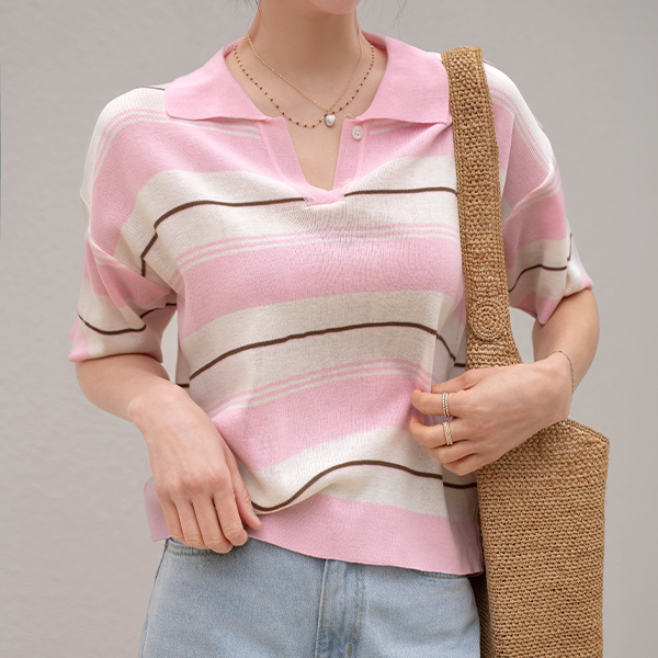 오픈 Collar horizontal striped Short-sleeve Knitwear