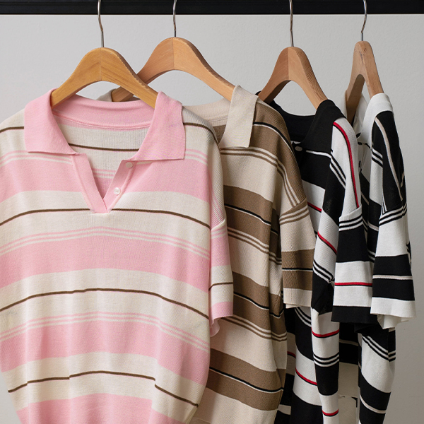 오픈 Collar horizontal striped Short-sleeve Knitwear