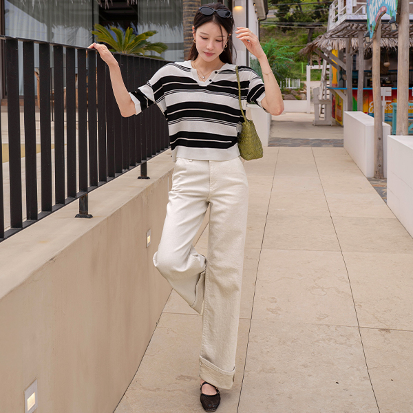 오픈 Collar horizontal striped Short-sleeve Knitwear
