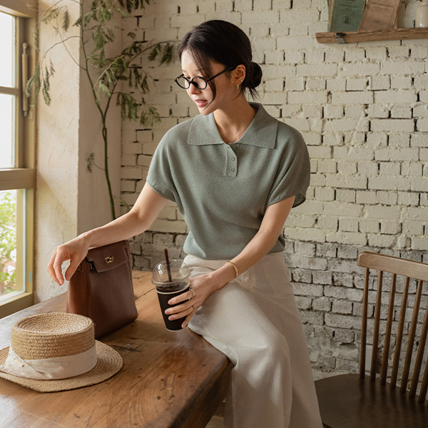 Door Viscose Linen Collar Short-sleeve Knitwear
