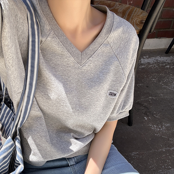 [Special Sale] Draw Patch V-neck Short-sleeve sweatshirt