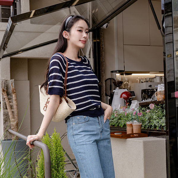 [Special Sale] 리쉬 부클 horizontal striped Short-sleeve Knitwear