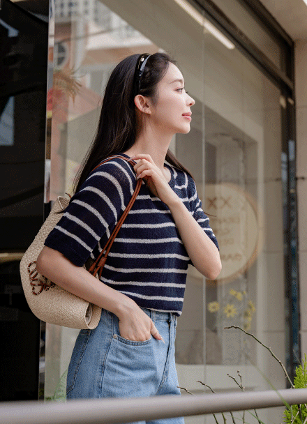 [Special Sale] 리쉬 부클 horizontal striped Short-sleeve Knitwear Korea