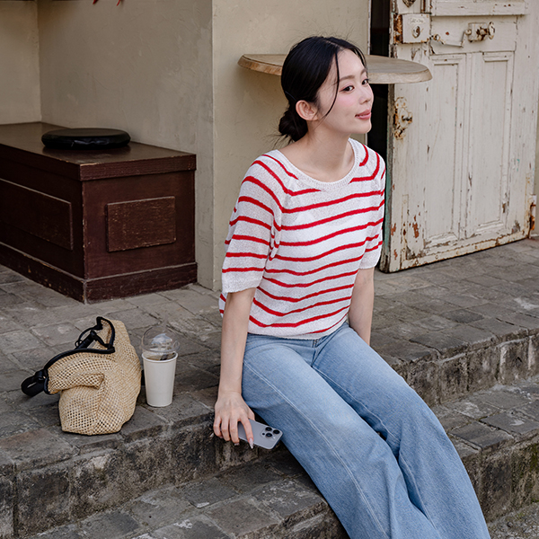 [Special Sale] 리쉬 부클 horizontal striped Short-sleeve Knitwear