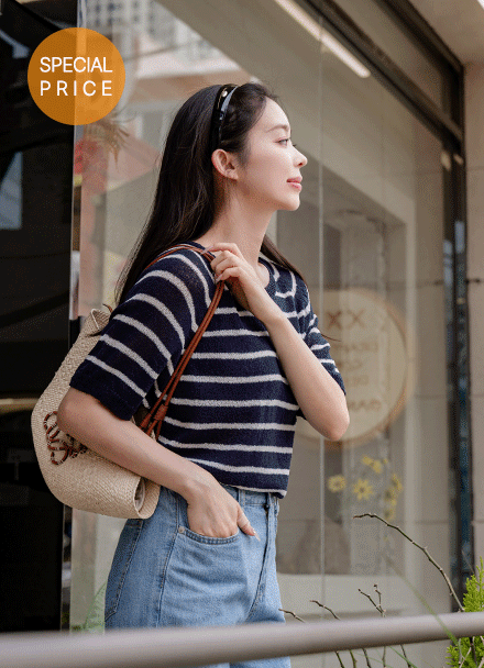 [Special Sale] Rish Boucle Horizontal Striped Short-sleeve Knitwear Korea