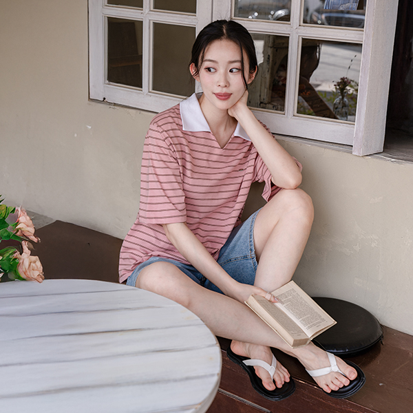 Salt Pendant Horizontal Striped Collar Short-sleeve T-shirt