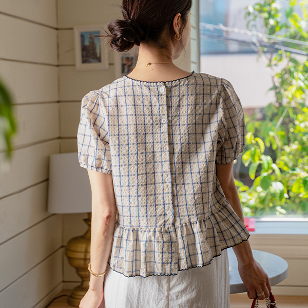 [Special Sale] Back Button Check Short-sleeve Blouse