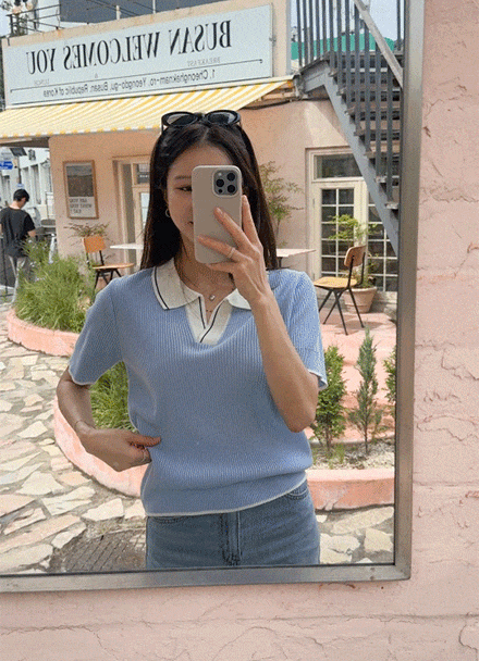 Color Matching Collar Line Corrugated Short-sleeve Knitwear Korea