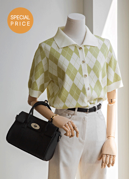 Argyle Short-Sleeved Knitwear Cardigan Korea