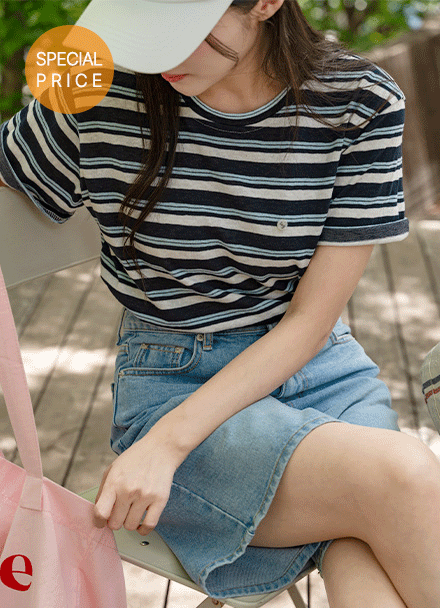 [Special Sale] Happy Linen horizontal striped T-shirt Korea