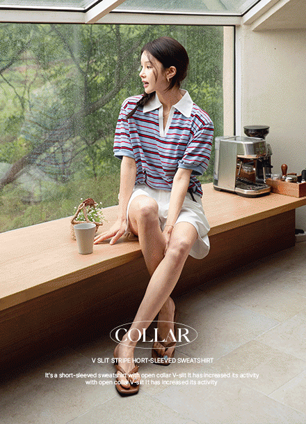 Collar V Slit Horizontal Striped Short-sleeve Sweatshirt Korea