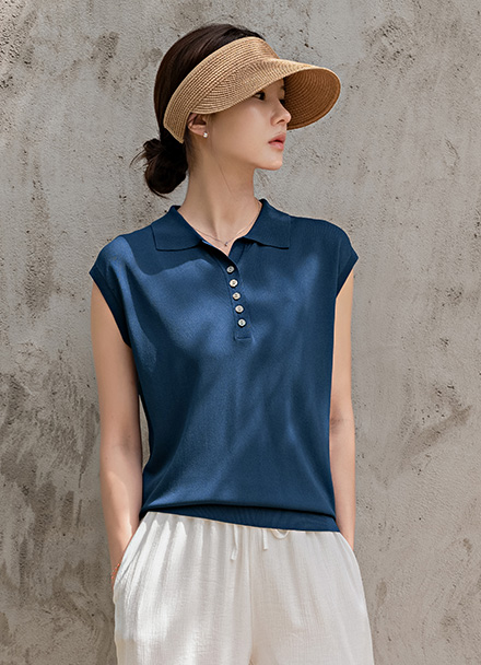Half-Open Button Collar Sleeveless Korea
