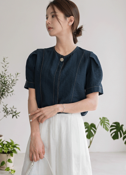 Hidden Button Stitch Linen Blouse Korea