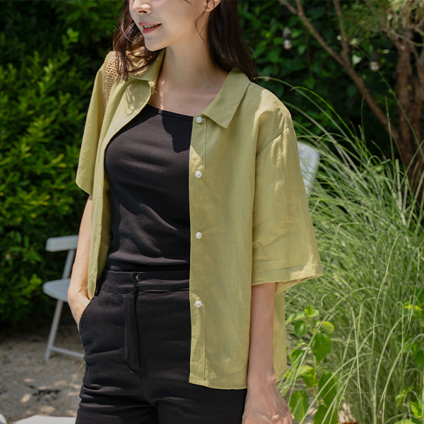 Rose Cool Linen Slit Short-sleeve Shirt