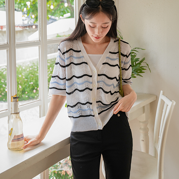 Wave Color Matching Punching Short-sleeve Cardigan