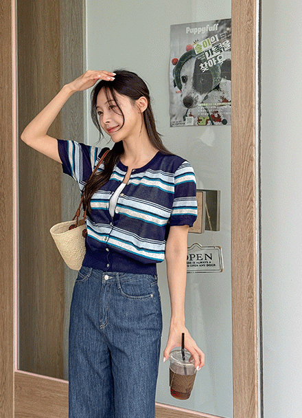 Cool Color Matching horizontal striped Knitwear Cardigan Korea