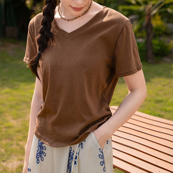 슬라브 V-neck 셔링 Short-sleeve T-shirt