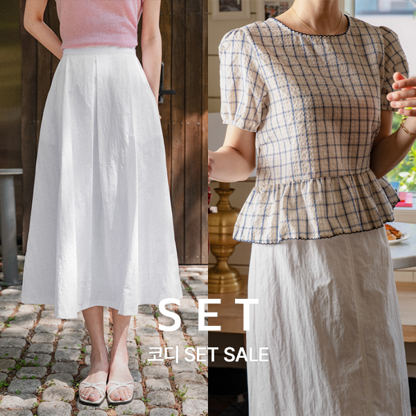[코디SET] 키작아도 쿨 핀턱 Skirt (여름바스락플레어) + [Special Sale] 백단추 Check Short-sleeve Blouse
