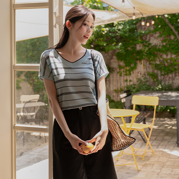 Cooling V-neck horizontal striped Cap Sleeve Knitwear