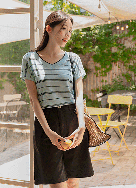Cooling V-neck horizontal striped Cap Sleeve Knitwear Korea