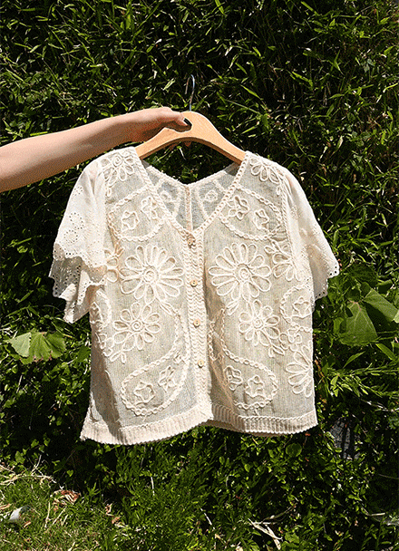 Silky Flower Embossed Embroidery Short-sleeve Cardigan Korea