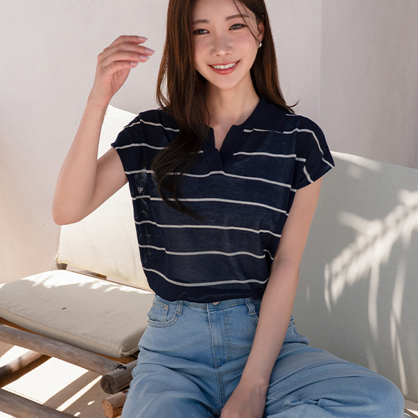 Collar horizontal striped 캡소매 Knitwear