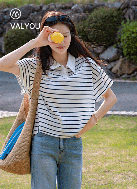 [valyou] Stripe Tencel Collar T-shirt Korea