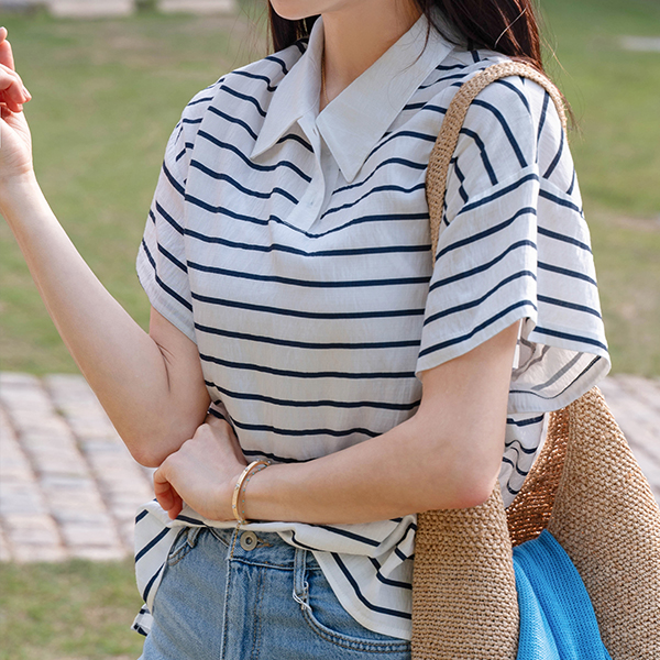 [valyou] Stripe Tencel Collar T-shirt