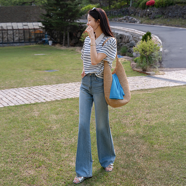 [valyou] Stripe Tencel Collar T-shirt