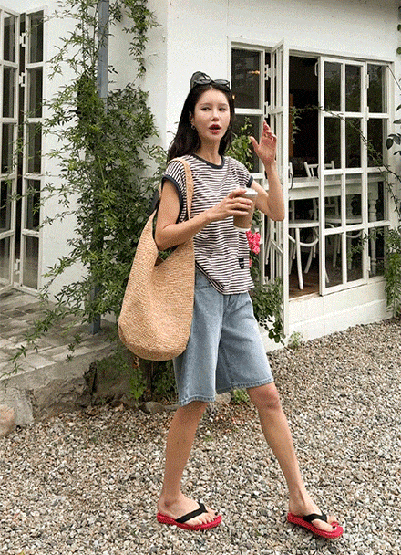 Horizontal Striped Patch Cap Sleeves T-shirt Korea