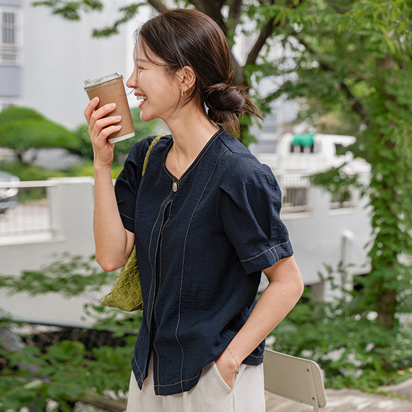 Hidden Button Stitch Linen Blouse