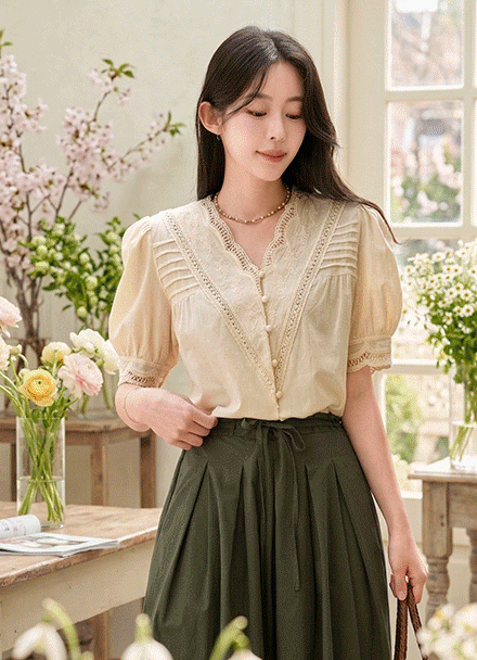 Wave V Embroidered Blouse Korea