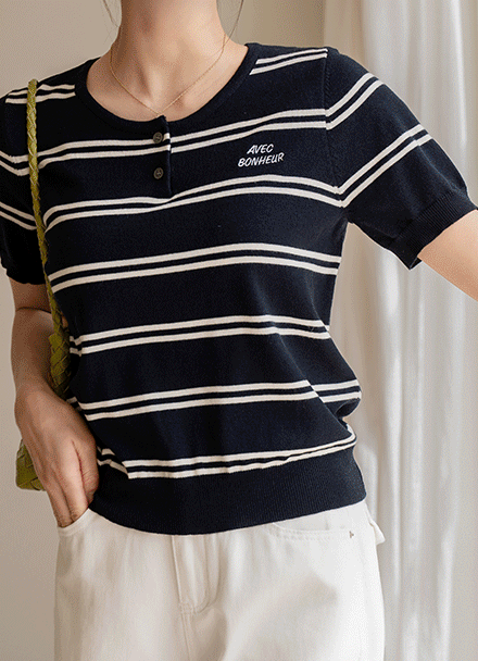Henry-neck Embroidery Horizontal Striped Short-sleeve Knitwear Korea