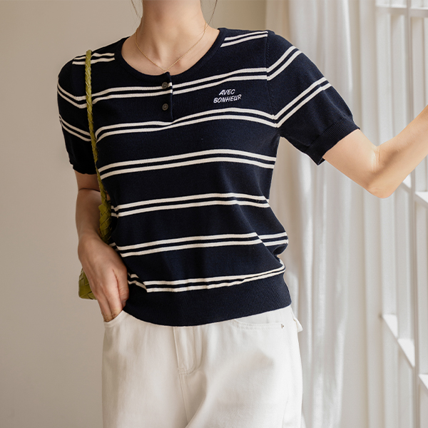 Henry-neck Embroidery Horizontal Striped Short-sleeve Knitwear