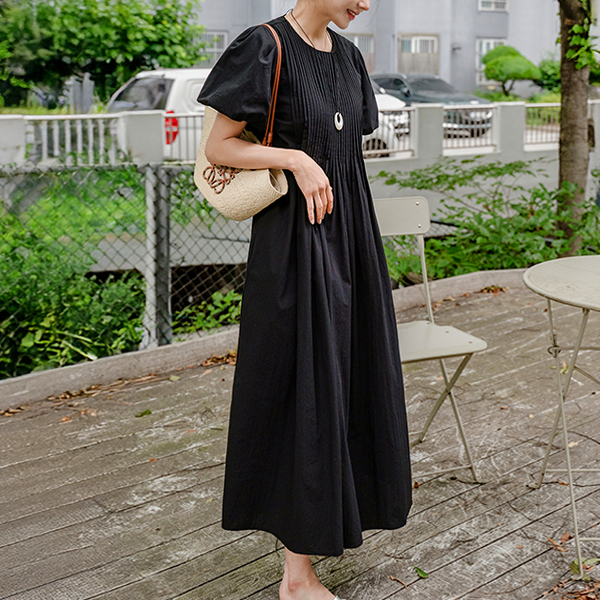 Pintuck Puff Short-sleeve Dress