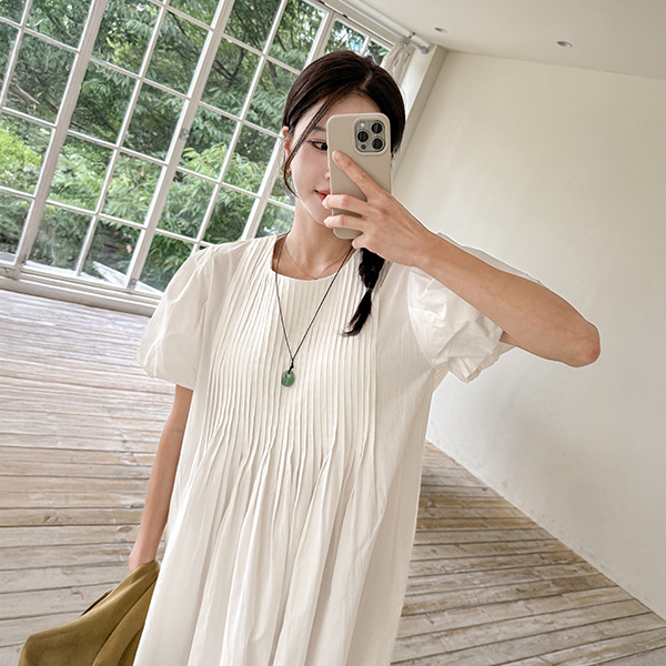 Pintuck Puff Short-sleeve Dress